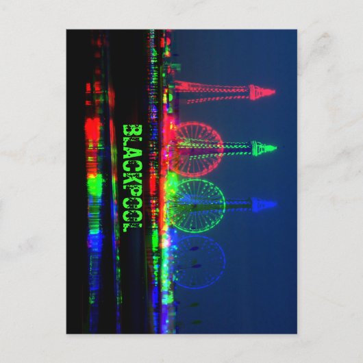 Blackpool Beach bij nacht, rood, groen en blauw Briefkaart (Voorkant)