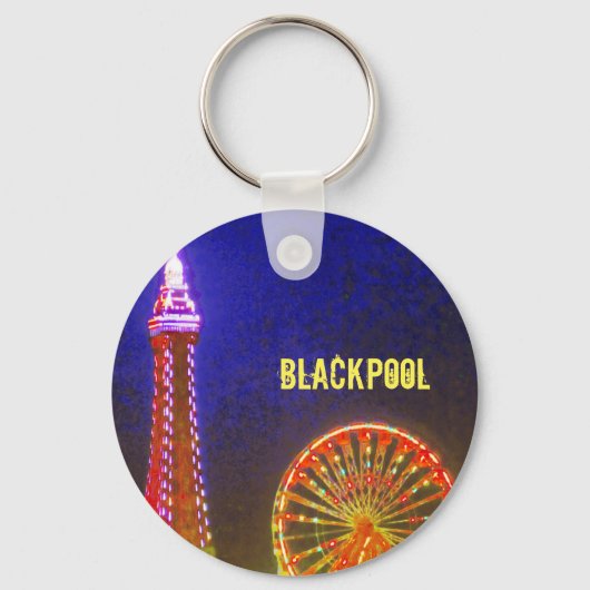 Blackpool Beach-lampjes 's nachts, rood, goud, bla Sleutelhanger (Voorkant)