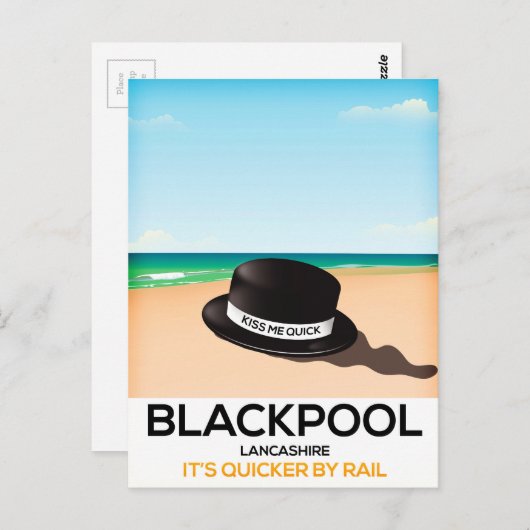 Blackpool "kus me quick" pet trein poster briefkaart (Voorkant / Achterkant)