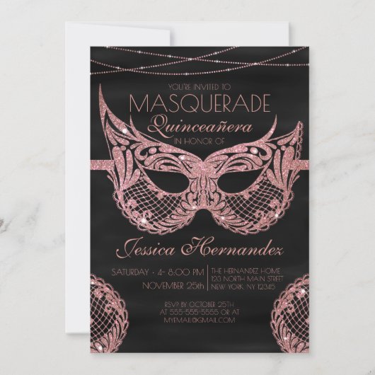 BlackRose Gold Glitter Kant Masquerade Quinceañera Kaart (Voorkant)