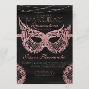 BlackRose Gold Glitter Kant Masquerade Quinceañera Kaart
