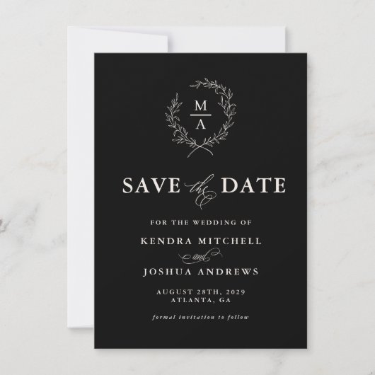 BlackSimple Elegant Monogram slaat de datum op Save The Date (Voorkant)