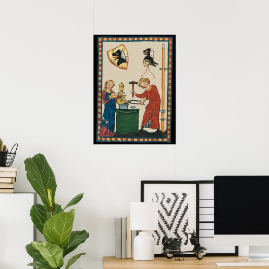 Blacksmith Forging Helmet middeleeuwse kunst Poster (Thuiskantoor)