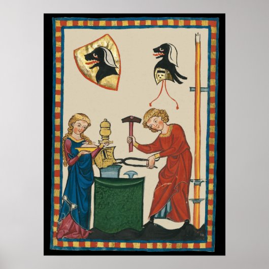 Blacksmith Forging Helmet middeleeuwse kunst Poster (Voorkant)