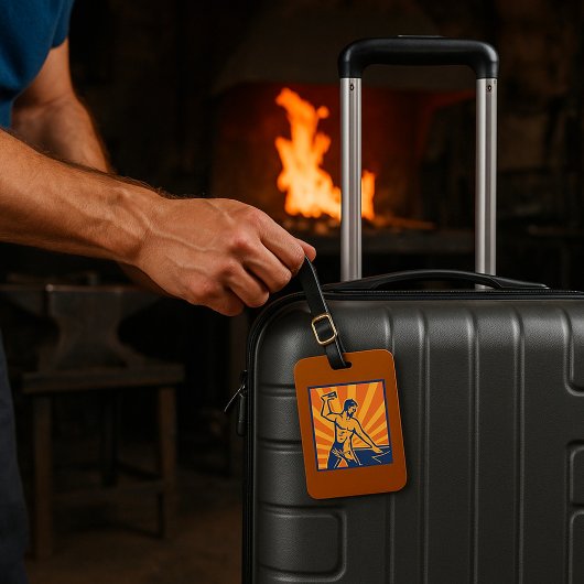 Blacksmith Hammering Retro Strongman Labor Bagagelabel