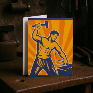 Blacksmith Hammering Retro Strongman Labor Kaart