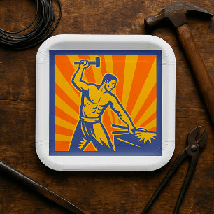 Blacksmith Hammering Retro Strongman Labor Papieren Bordje