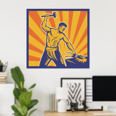 Blacksmith Hammering Retro Strongman Labor Poster (Thuiskantoor)