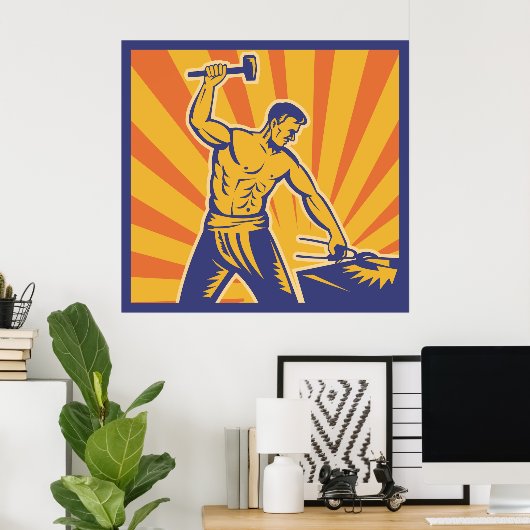 Blacksmith Hammering Retro Strongman Labor Poster (Thuiskantoor)