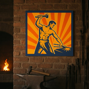 Blacksmith Hammering Retro Strongman Labor Poster