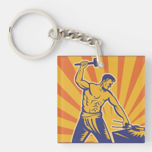 Blacksmith Hammering Retro Strongman Labor Sleutelhanger (Voorkant)