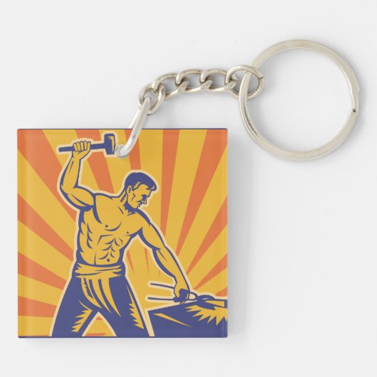Blacksmith Hammering Retro Strongman Labor Sleutelhanger (Achterkant)