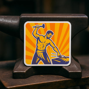Blacksmith Hammering Retro Strongman Labor Vierkante Sticker