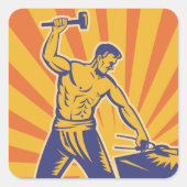Blacksmith Hammering Retro Strongman Labor Vierkante Sticker (Voorkant)