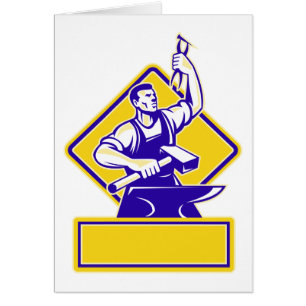 Blacksmith Holding Hammer met Anvil Retro