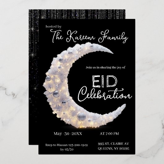  Blackwhite elegant Crescent Eid Party Invitation  Folie Feestdagenkaart (Voorkant / Achterkant)