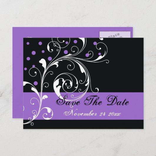 Blad Blad Zwart paarse bruiloft Save the Date Aankondigingskaart (Voorkant / Achterkant)