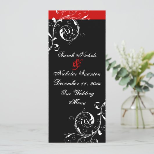 Blad Blad zwart, rode bruiloft kaart (Staand voorkant)