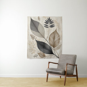 blad en bloemenneutrale botanische schets wandkleed