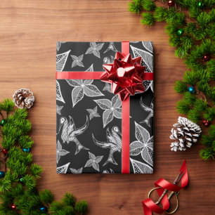 Blad- en tekenvogel-pakpapier (zwart) cadeaupapier