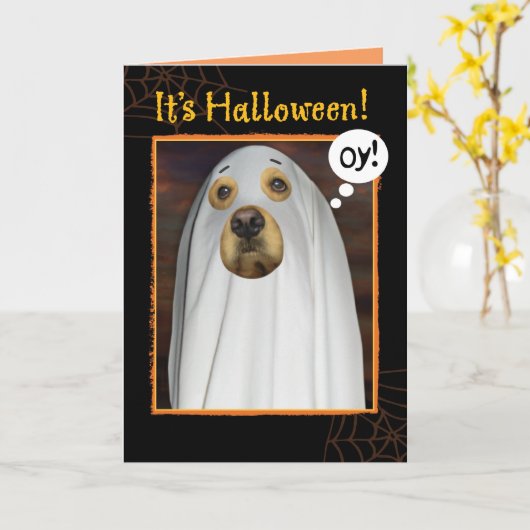 Blad gebeurt Funny Golden Retriever Halloween Kaart (Gele Bloem)