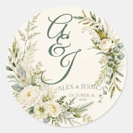Blad: Gepersonaliseerde Botanische Initialen Envel Ronde Sticker (Voorkant)