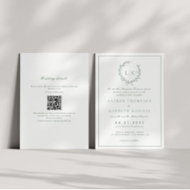 Blad Monogram Crest Sagegroene QR-code Trouw Kaart