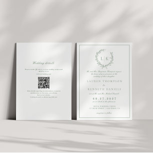 Blad Monogram Crest Sagegroene QR-code Trouw Kaart