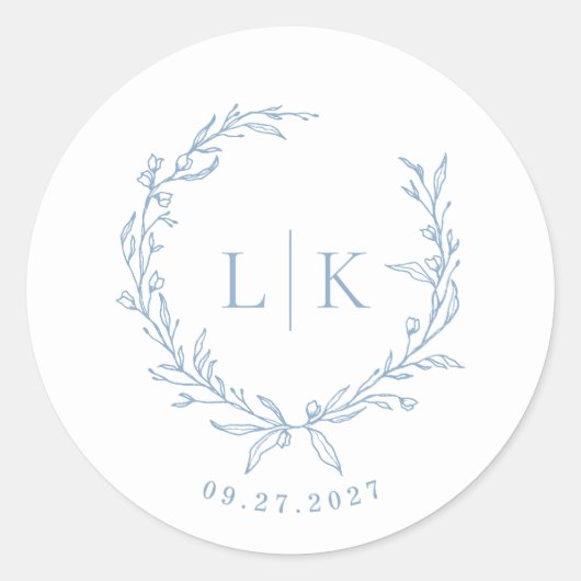Blad Monogram Dusty Blue Wedding Ronde Sticker (Voorkant)