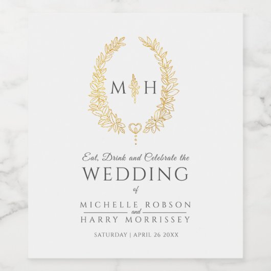 Blad monogram kunst zwart en gouden bruiloft wijn etiket (Enkel label)