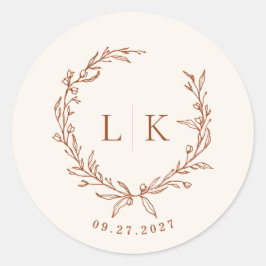 Blad Monogram Terracotta Crème Trouw Ronde Sticker