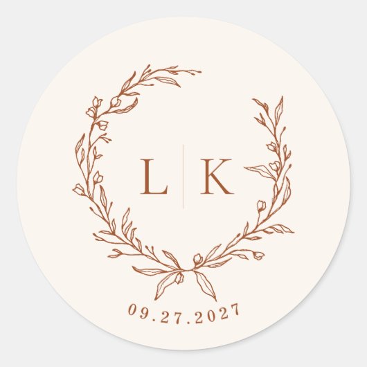Blad Monogram Terracotta Crème Trouw Ronde Sticker (Voorkant)