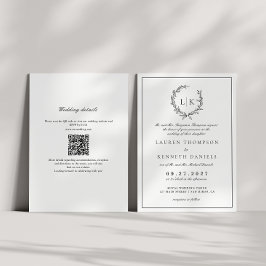 Blad Monogram Wapen Zwart Wit QR Code Trouwen Kaart