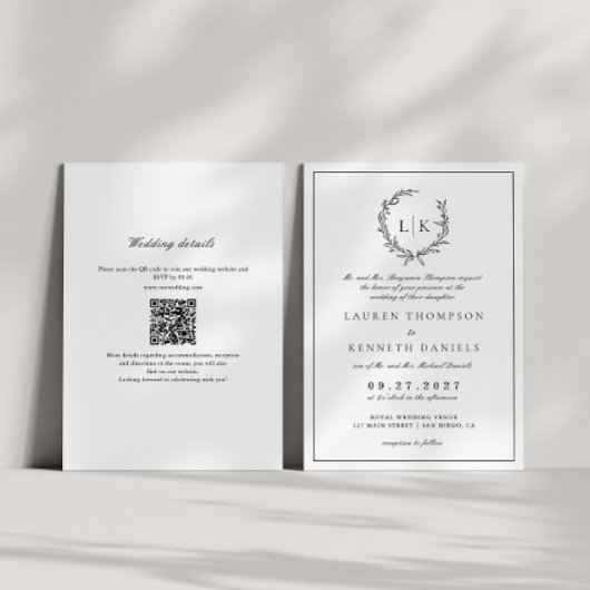 Blad Monogram Wapen Zwart Wit QR Code Trouwen Kaart