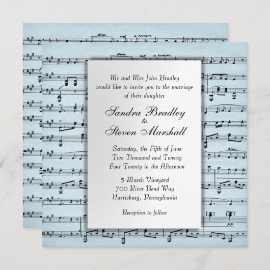Blad Music Blue Wedding Uitnodiging (Voorkant / Achterkant)