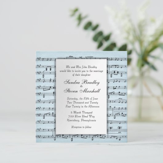 Blad Music Blue Wedding Uitnodiging (Staand voorkant)