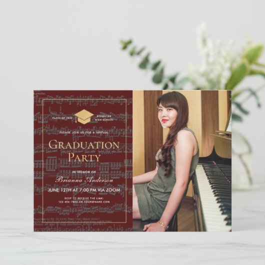 Blad Music Bourgundy Foto Virtual Afstuderen Kaart (Staand voorkant)