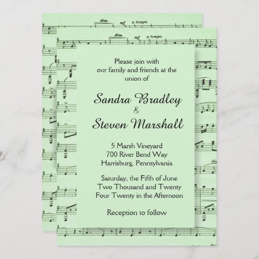 Blad Music Green Wedding Invitation Kaart (Voorkant / Achterkant)