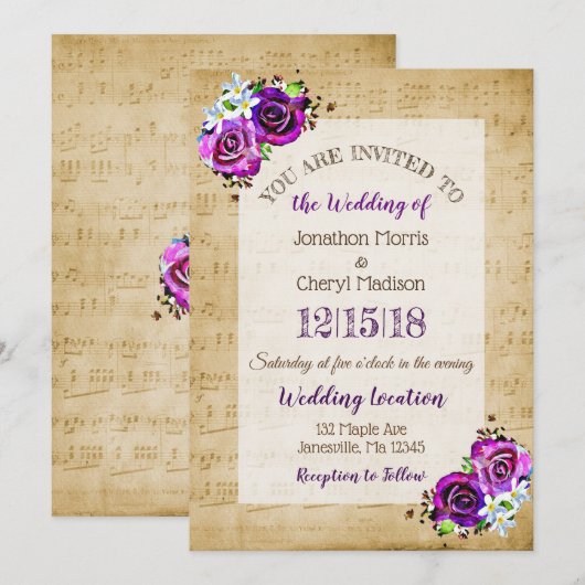  blad Music Paars Roos Wedding Kaart (Voorkant / Achterkant)