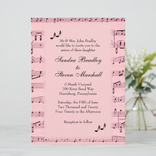 Blad Music Pink Wedding Uitnodiging (Staand voorkant)