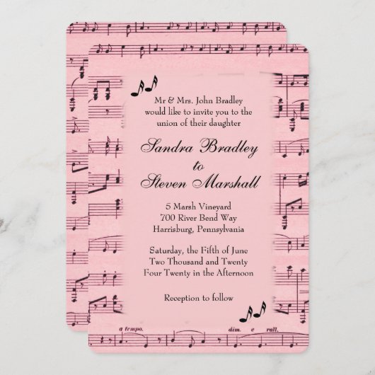 Blad Music Pink Wedding Uitnodiging (Voorkant / Achterkant)