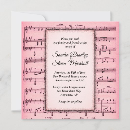 Blad Music Pink Wedding Uitnodiging (Voorkant)