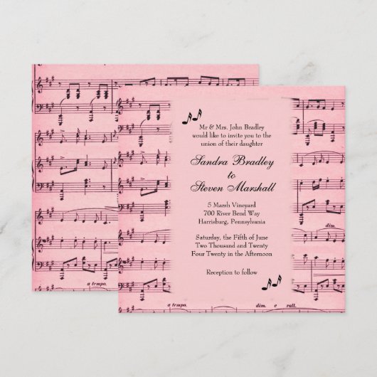 Blad Music Pink Wedding Uitnodiging (Voorkant / Achterkant)