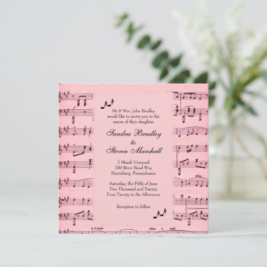 Blad Music Pink Wedding Uitnodiging (Staand voorkant)