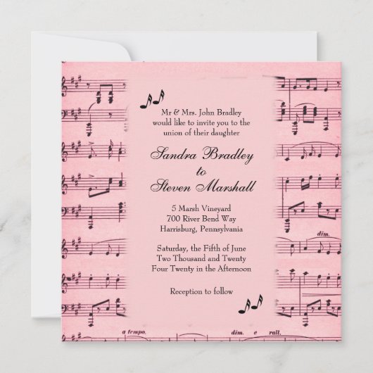 Blad Music Pink Wedding Uitnodiging (Voorkant)