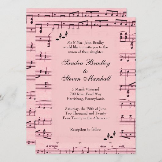 Blad Music Pink Wedding Uitnodiging (Voorkant / Achterkant)