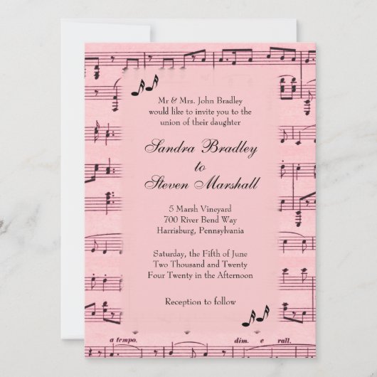 Blad Music Pink Wedding Uitnodiging (Voorkant)