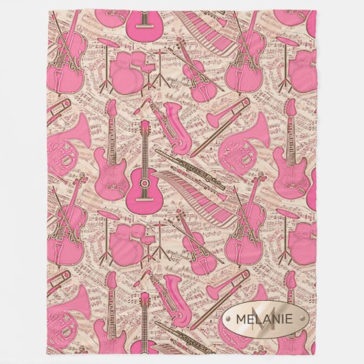 Blad Muziek en instrumenten Roze/Ivory ID481 Fleece Deken (Voorkant)