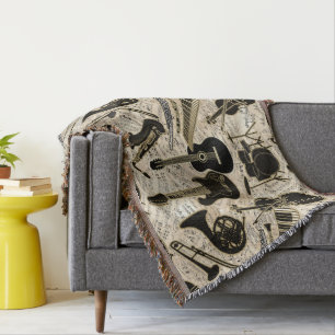 Blad Muziek en instrumenten zwart/goud ID481 Deken