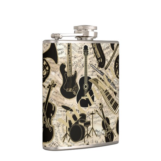 Blad Muziek en instrumenten zwart/goud ID481 Heupfles (Rechts)